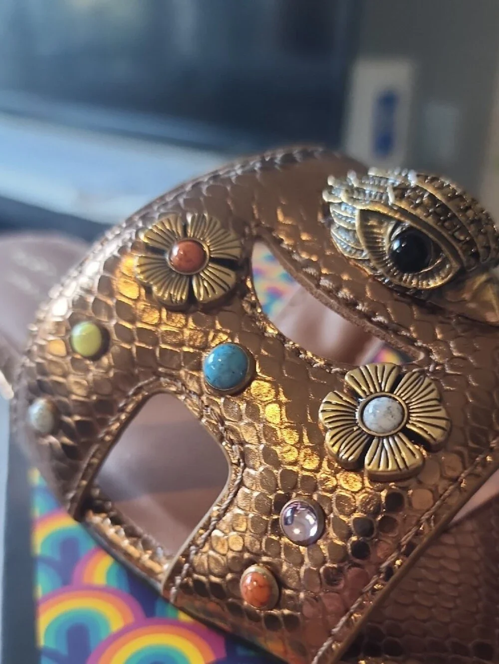 Kurt Geiger Metallic Bronze Slide with Floral Studs and Owl Accent